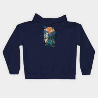 Adventure Block Print - jungle adventure scene with sunset, elephant, leopard and crocodiles Kids Hoodie